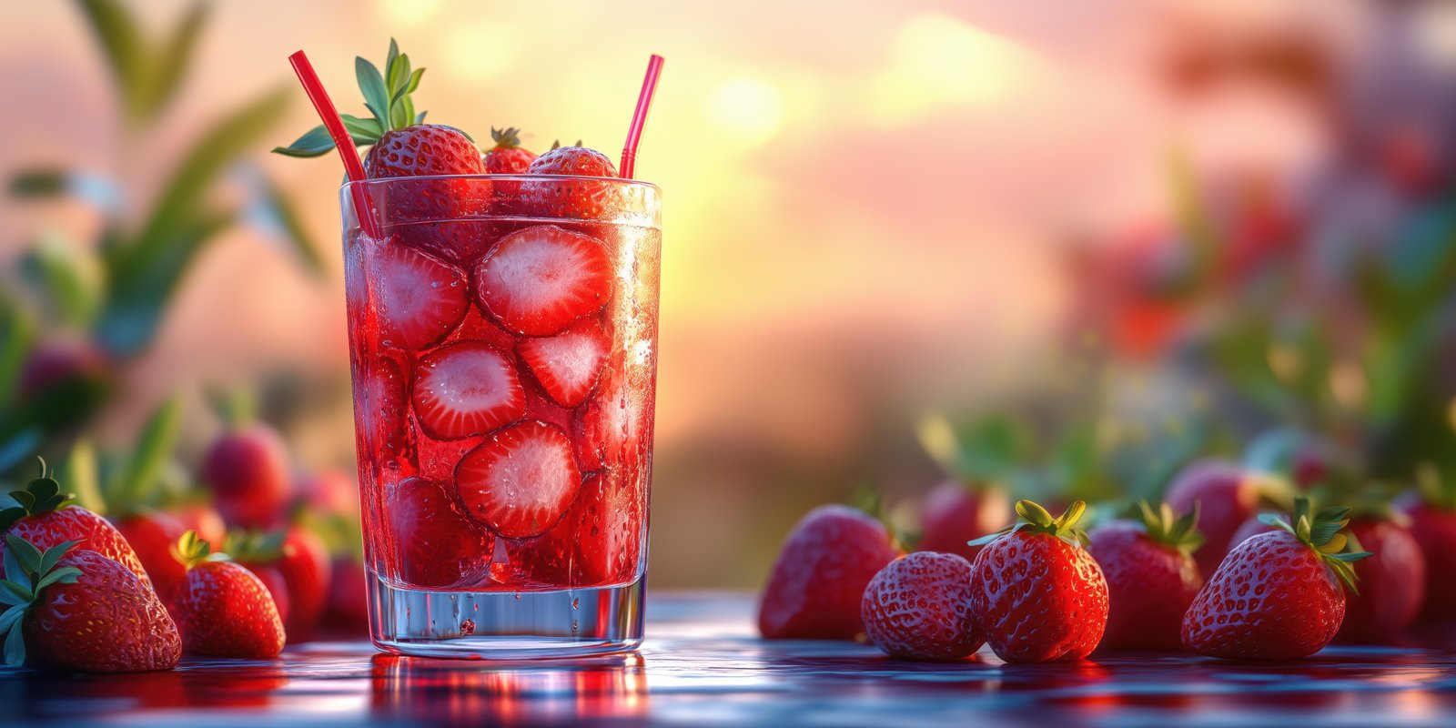 Refreshing strawberry drink captures the essence of summer at sunset in a vibrant garden setting